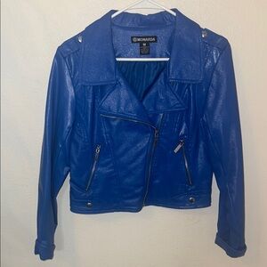 Vibrant Blue Leather Moto Jacket with Asymmetrical Zipper